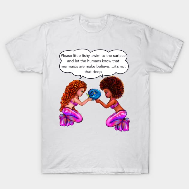 Best mermaid gifts 2022. anime black and white mermaids with blue tang fish and bubbles. Pretty black  and white girls with Afro hair, green eyes, Cherry pink lips and dark brown skin. Hair love ! T-Shirt by Artonmytee